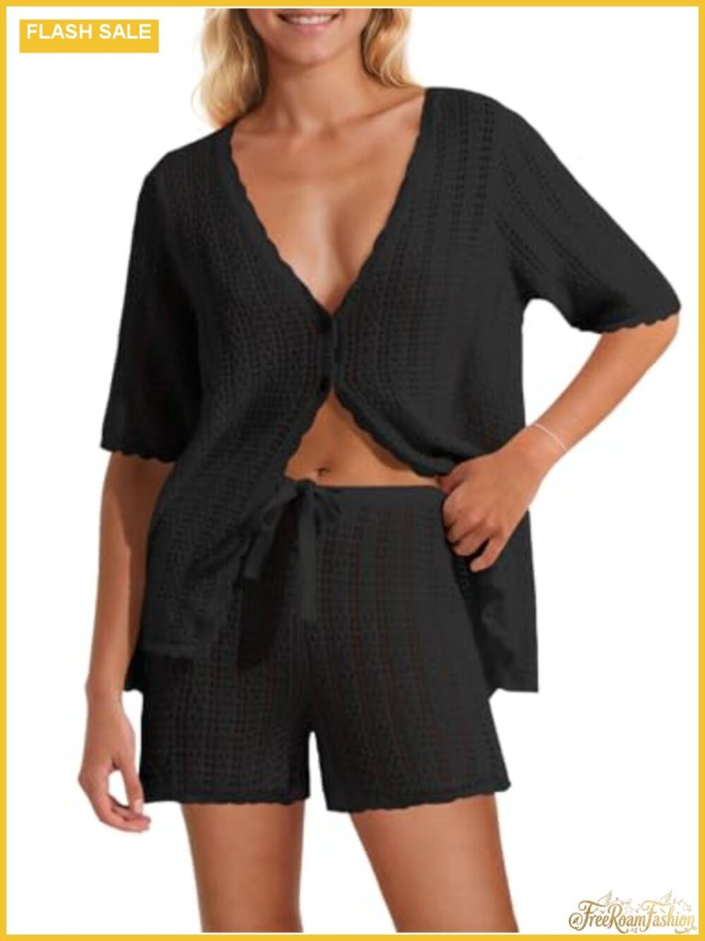 Women Crochet 2 Piece Swimsuit Cover Up Shorts Set Beach Vacation Outfit